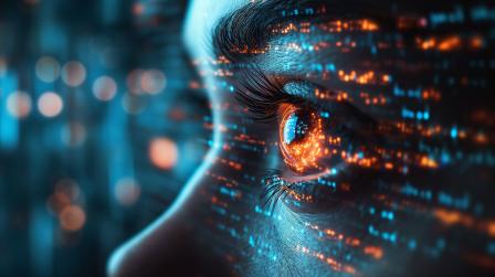 Auge mit digitalen Datenströmen – Symbolbild für Webdesign, SEO und KI-Sichtbarkeit Auge mit digitalen Datenströmen – Symbolbild für Webdesign, SEO und KI-Sichtbarkeit